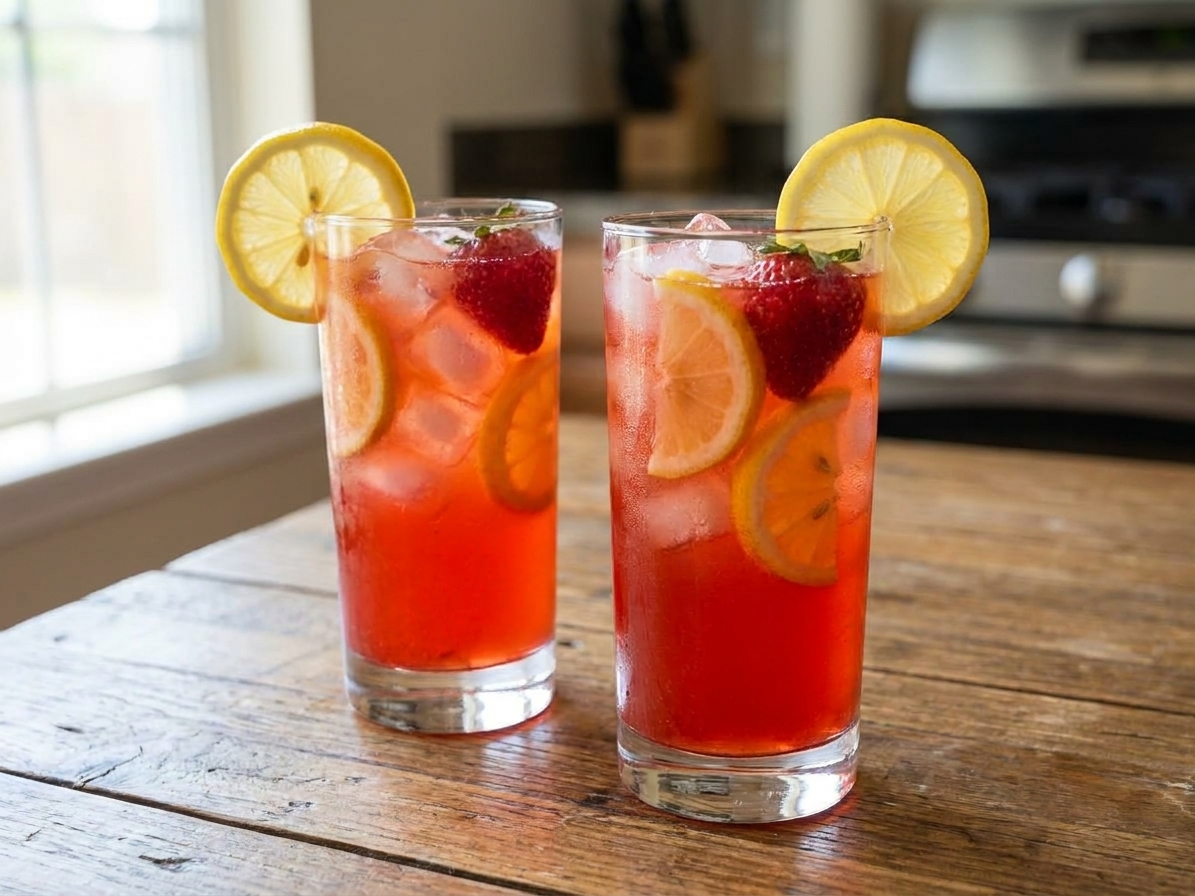 Two tall glasses of strawberry lemonade filled with ice, garnished with lemon slices and a strawberry, sitting on a wooden table in natural light