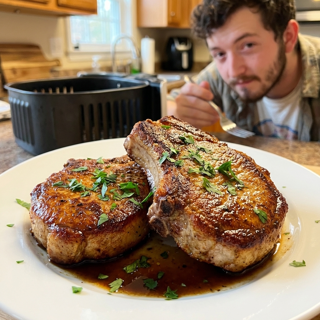 Two thick-cut pork chops with a deep golden crust resting on a white plate with a small pool of pan gravy, parsley scattered lightly, and an air fryer basket blurred in the background, warm kitchen lighting, photorealistic food photography