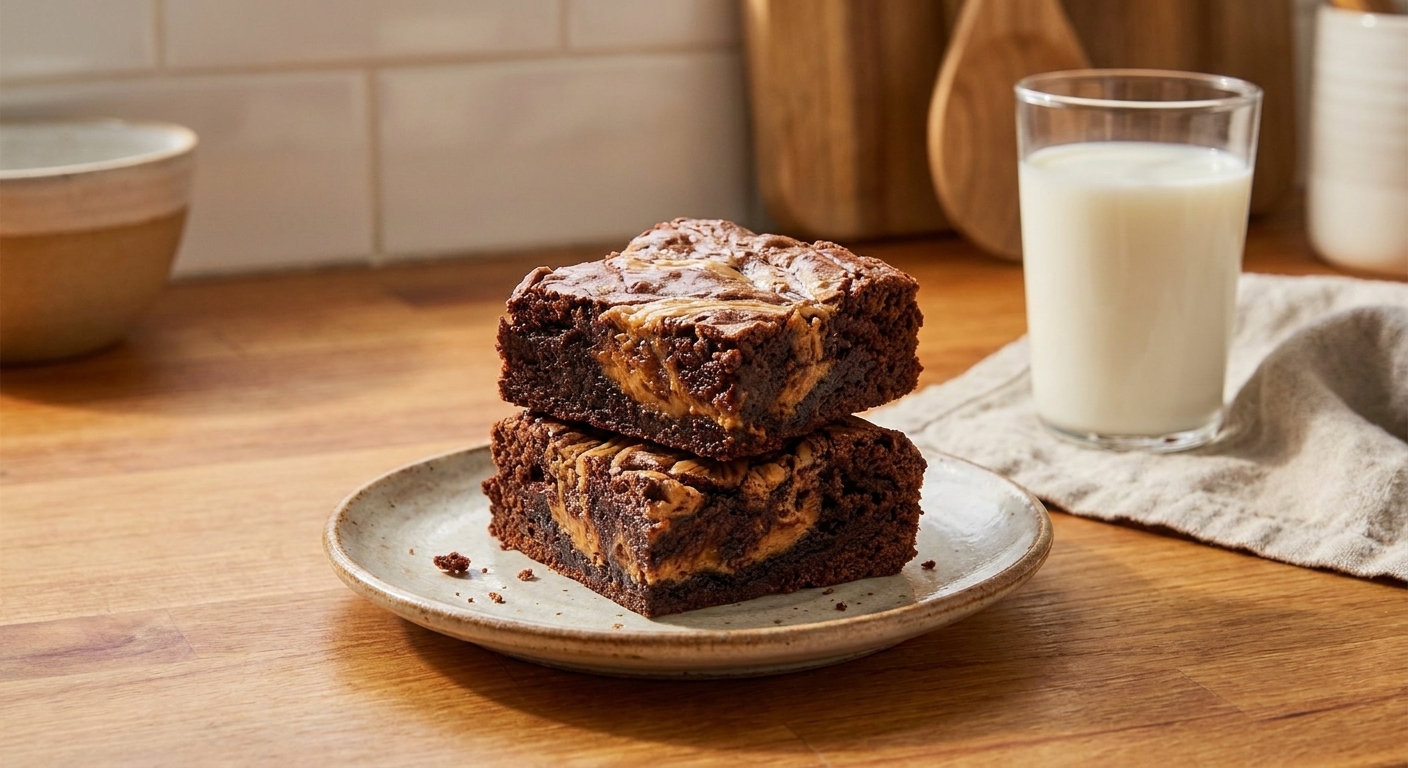 Two thick peanut butter swirl brownie squares stacked on a small plate on a wooden table with a glass of milk in the background