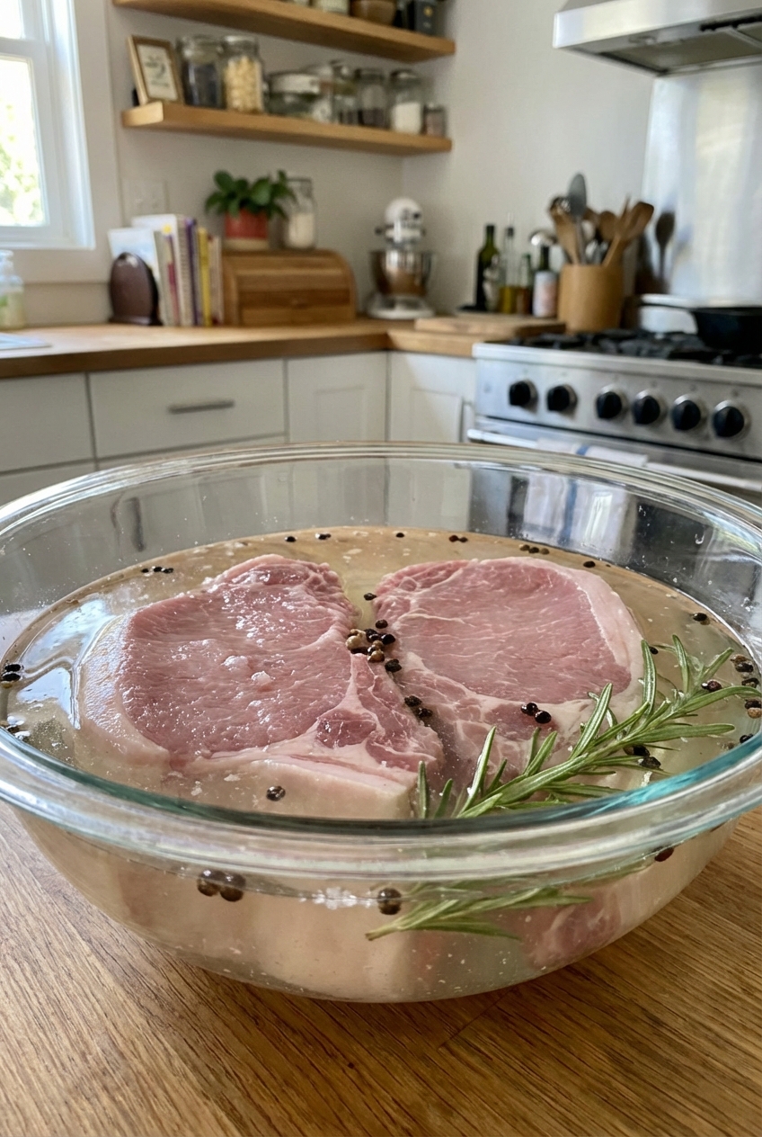 Two thick pork chops resting in a glass bowl of light brine on a kitchen counter