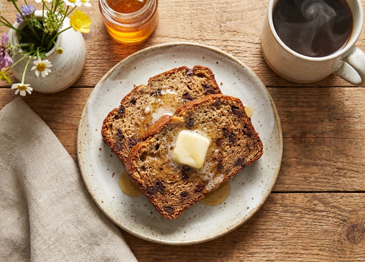 Two thick slices of banana bread on a ceramic plate with a small pat of butter melting on top, cozy breakfast table setting