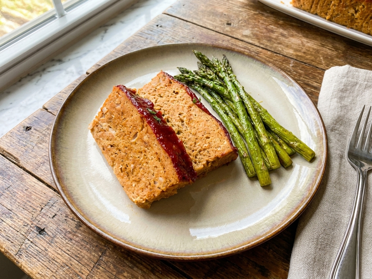Two thick slices of chicken meatloaf on a ceramic dinner plate with glossy glaze and a simple side dish on a wooden table