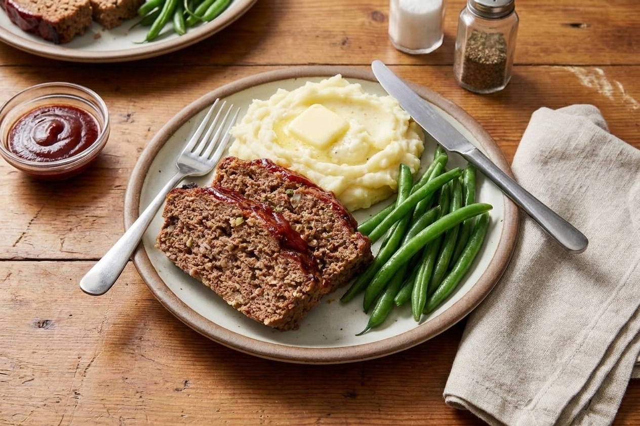 Two thick slices of glazed stovetop meatloaf on a dinner plate with mashed potatoes and green beans on a wooden table
