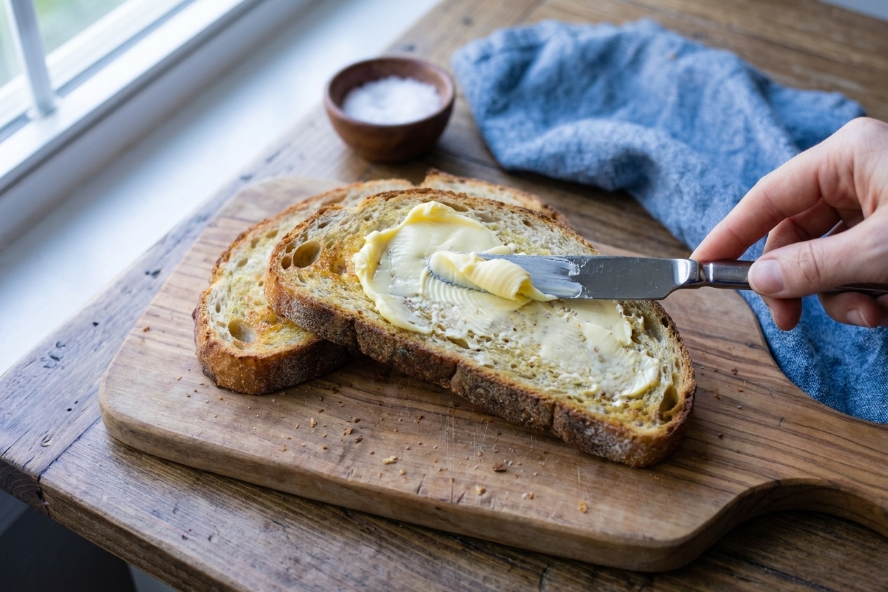 Two thick slices of sourdough bread being buttered on a wooden cutting board on a bright kitchen counter