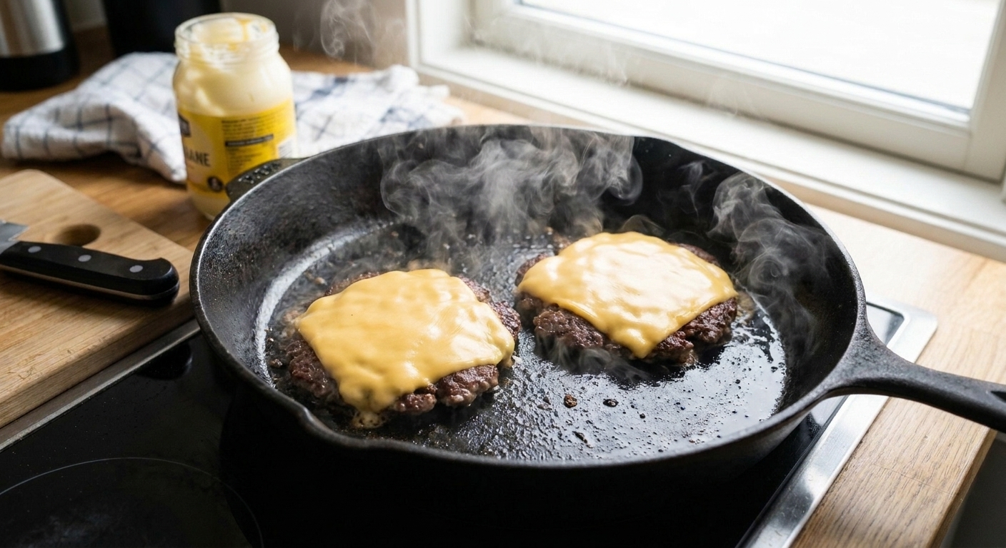 Two thin smash burger patties in a skillet with American cheese melted on top, steam rising under warm kitchen lighting