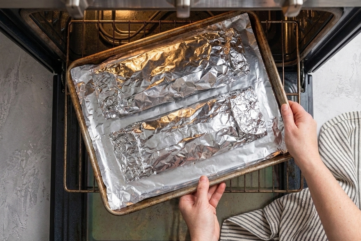 Two tightly foil-wrapped racks of ribs on a sheet pan being placed into a home oven