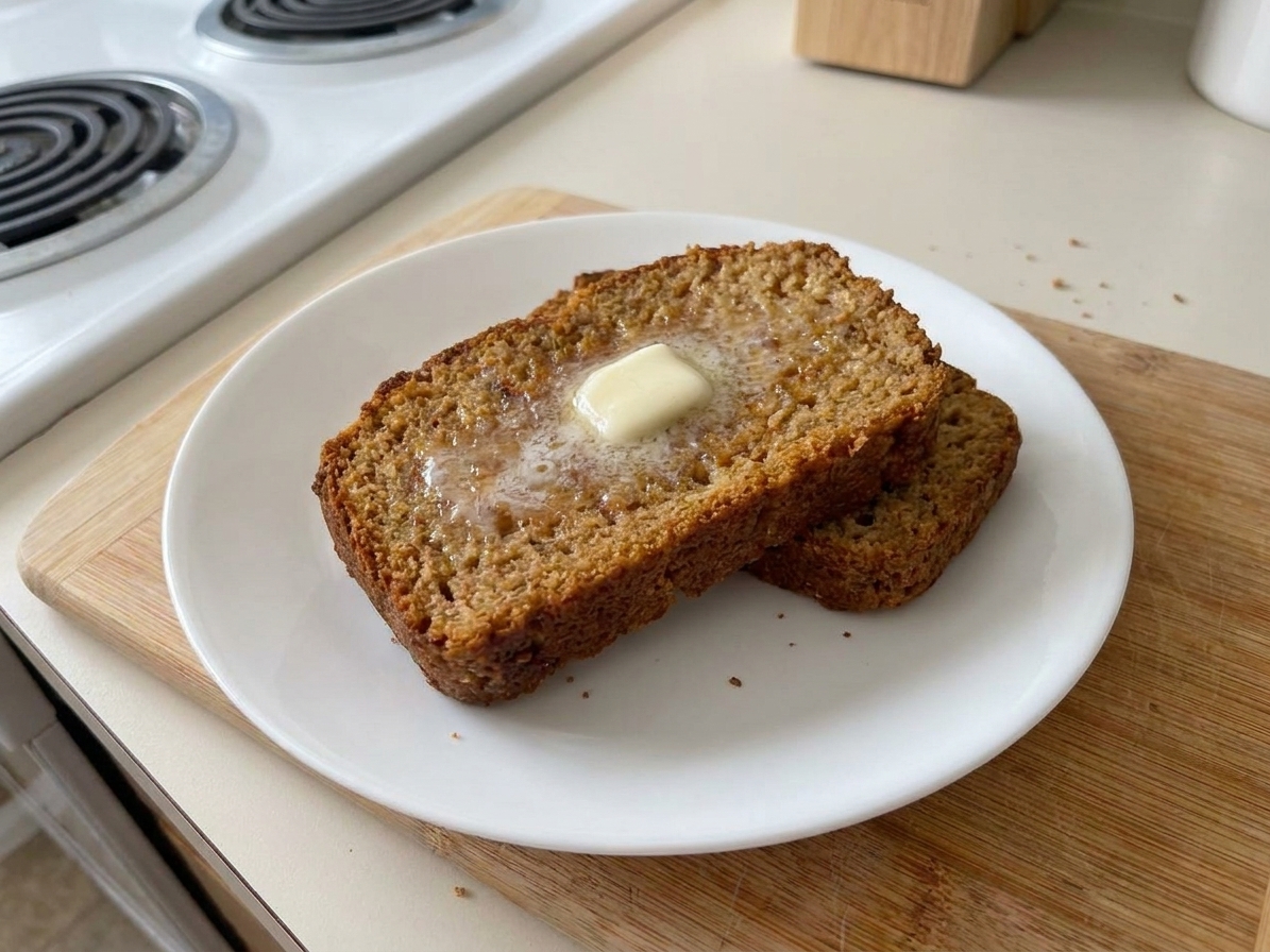 Two toasted slices of keto bread on a plate with butter melting on top