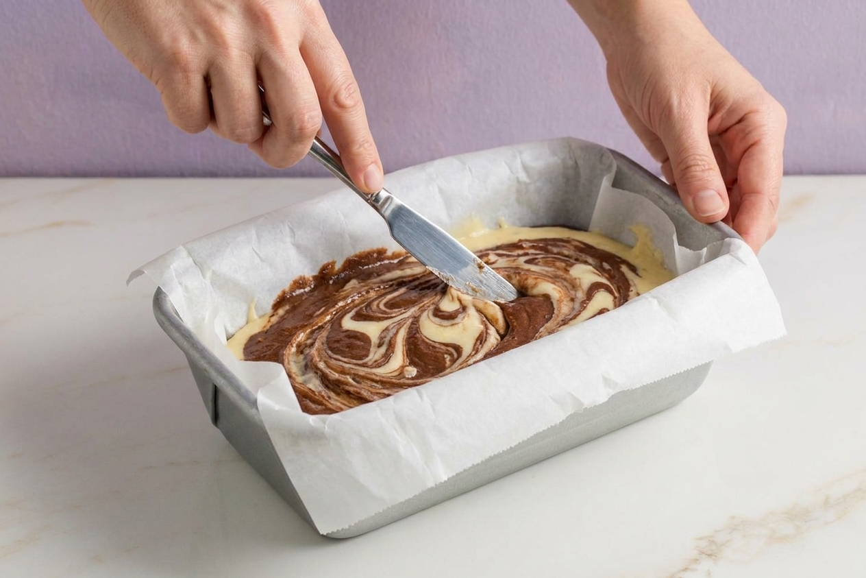 Two-tone vanilla and chocolate cake batter swirled with a butter knife inside a parchment-lined loaf pan on a kitchen counter