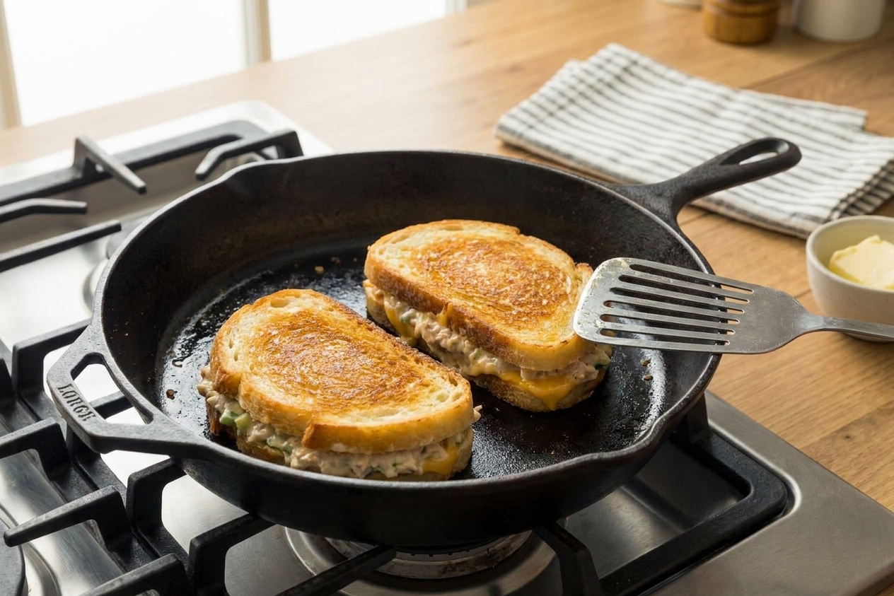 Two tuna melt sandwiches cooking in a cast-iron skillet with golden bread and a spatula nearby on a home stove