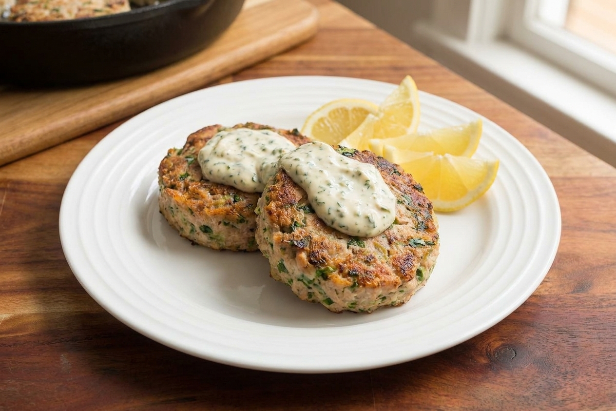 Two tuna patties plated with a dollop of creamy herb sauce and lemon wedges on a simple dinner plate