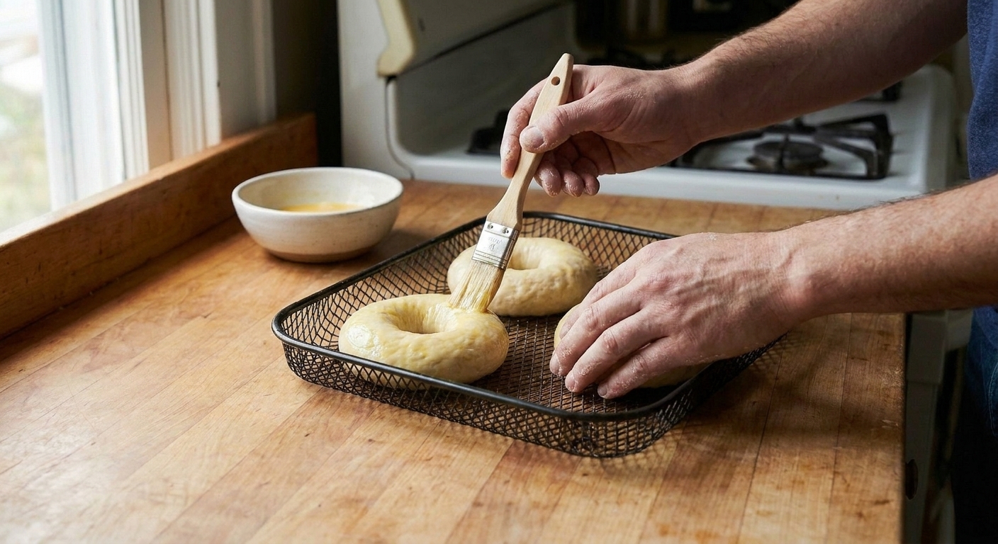 Two uncooked bagels in an air fryer basket being brushed with egg wash on a kitchen counter