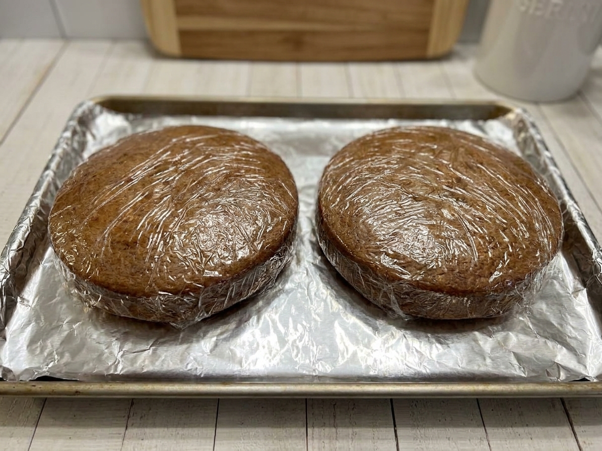 Two unfrosted cake layers wrapped in plastic wrap and foil on a baking sheet, ready to be placed in the freezer