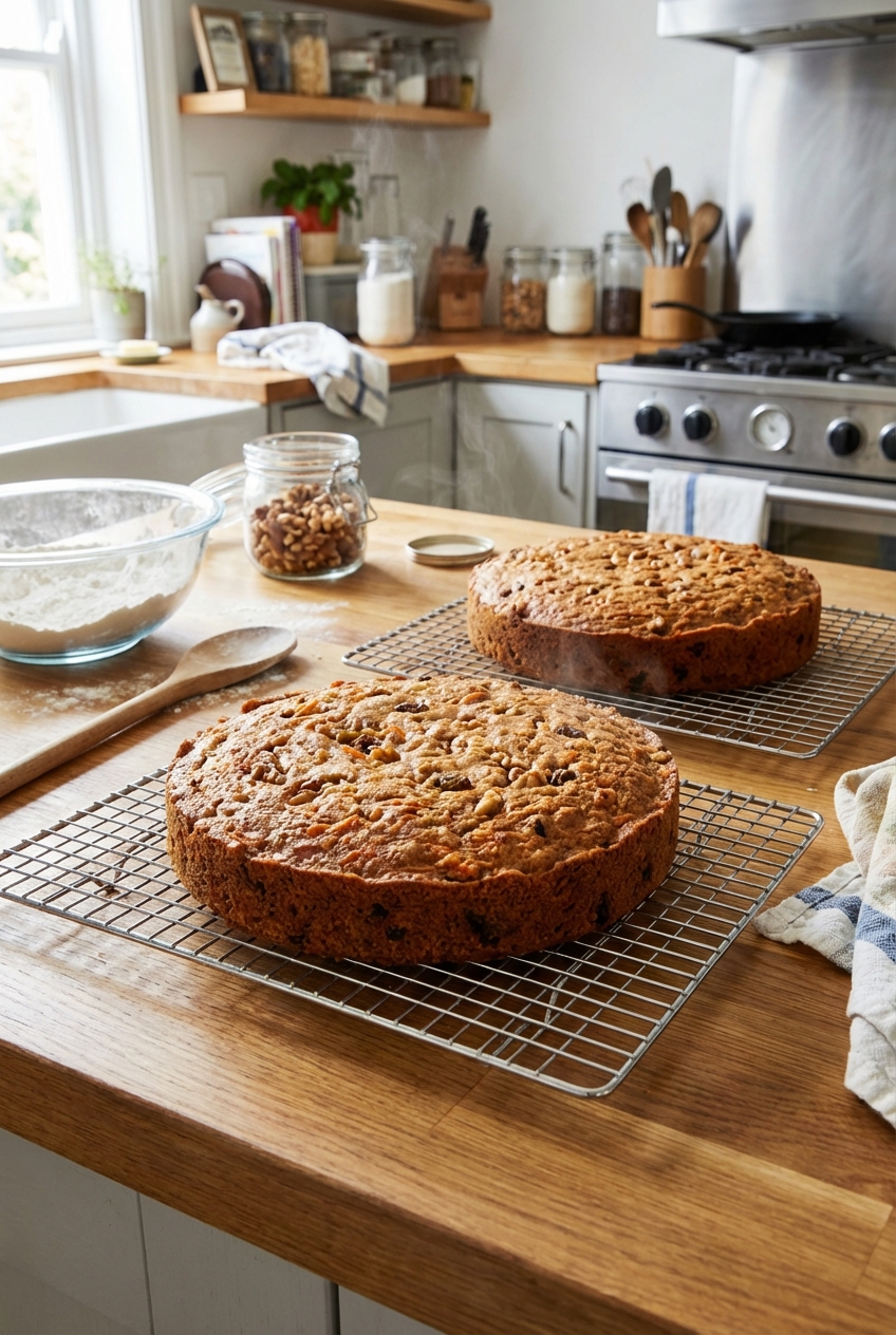 Two unfrosted carrot cake layers cooling on wire racks on a kitchen counter