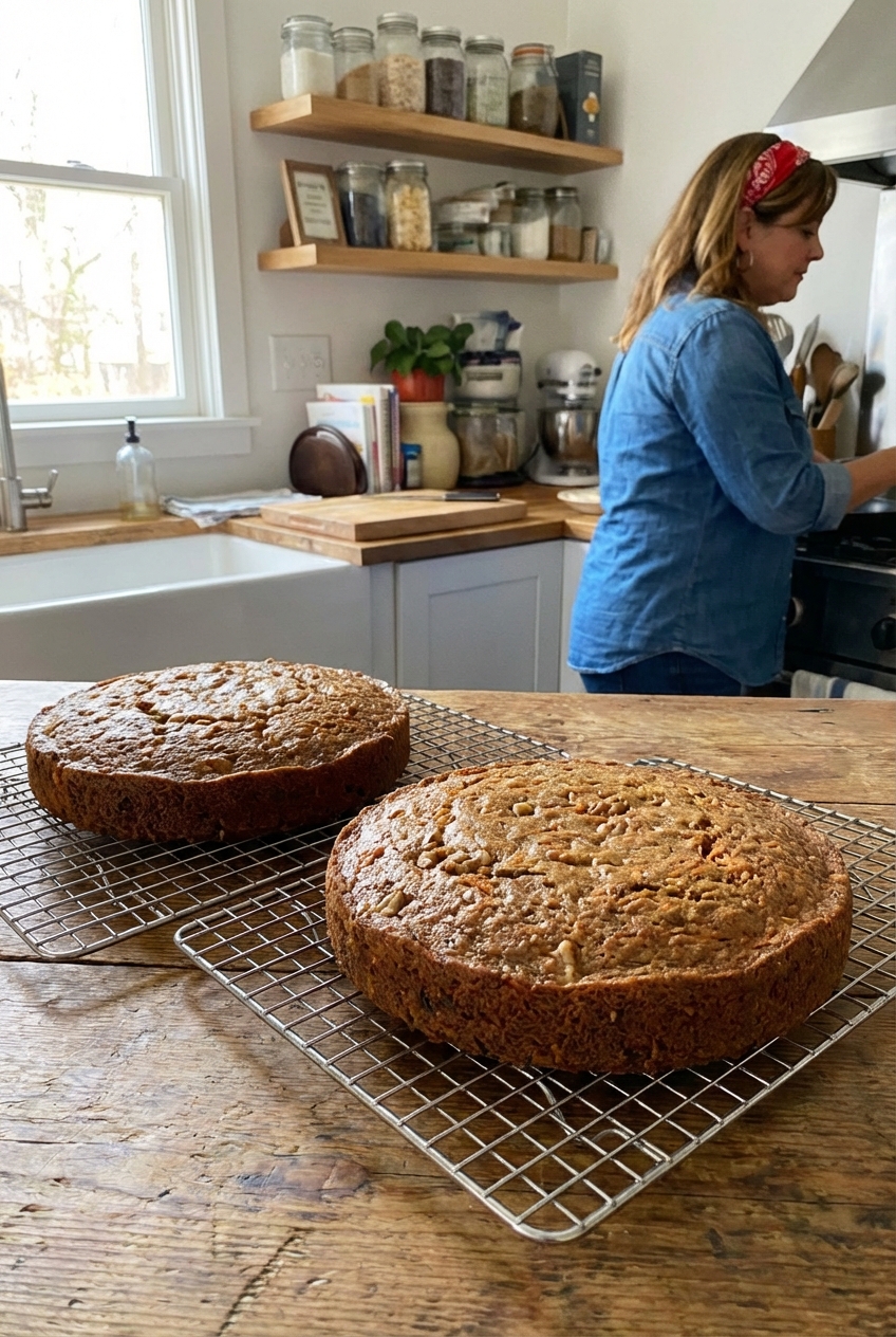 Two unfrosted carrot cake layers cooling on wire racks in a home kitchen