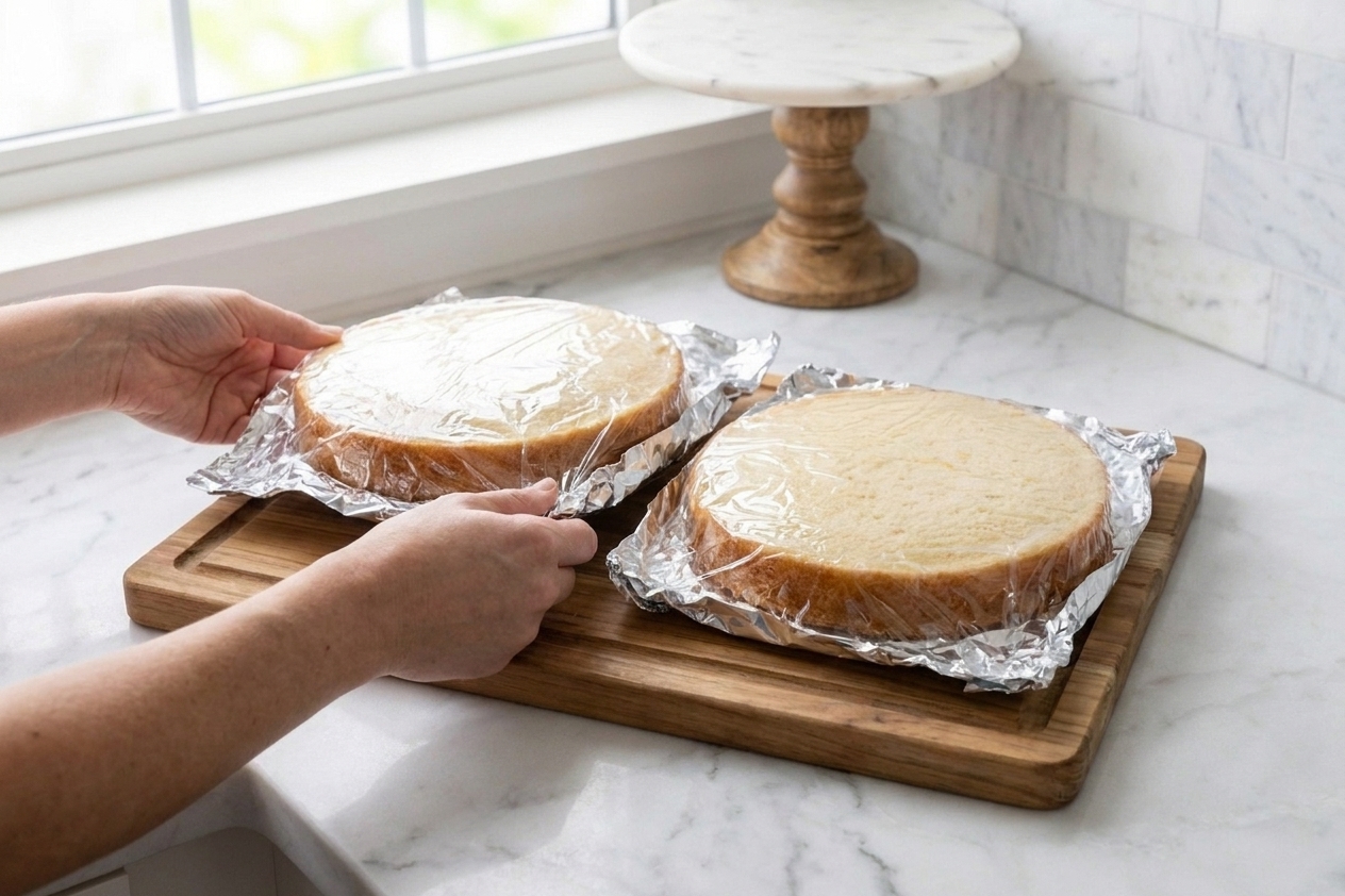 Two unfrosted vanilla cake layers wrapped in plastic wrap and foil on a cutting board, ready for freezing on a kitchen counter