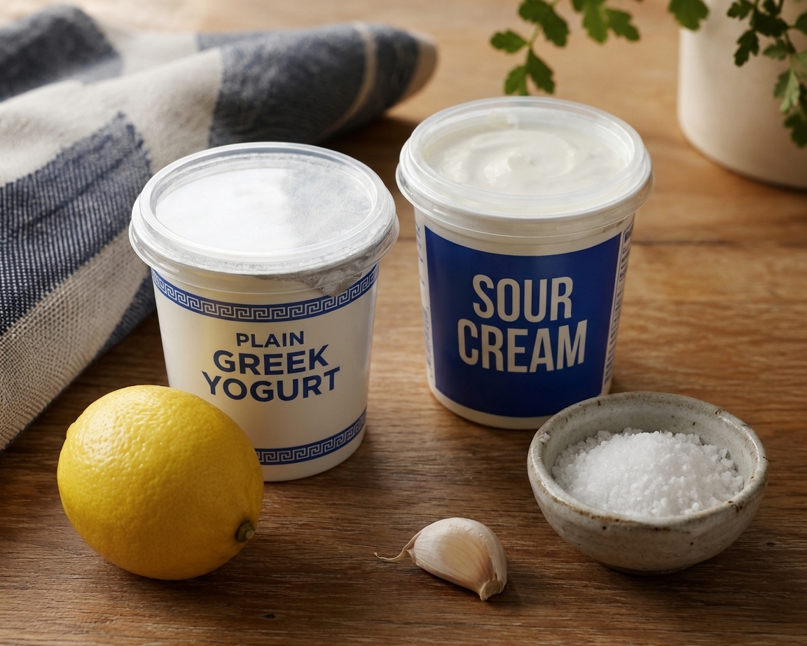 Two unopened containers on a kitchen counter, one labeled plain Greek yogurt and one labeled sour cream, next to a lemon, a garlic clove, and a small bowl of salt