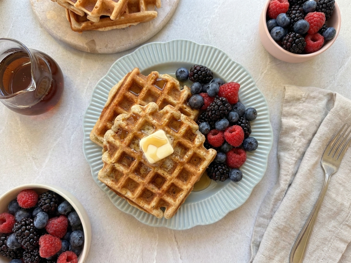 Two vegan waffles on a plate with a pat of vegan butter and maple syrup, with fresh berries on the side in a cozy breakfast table setting