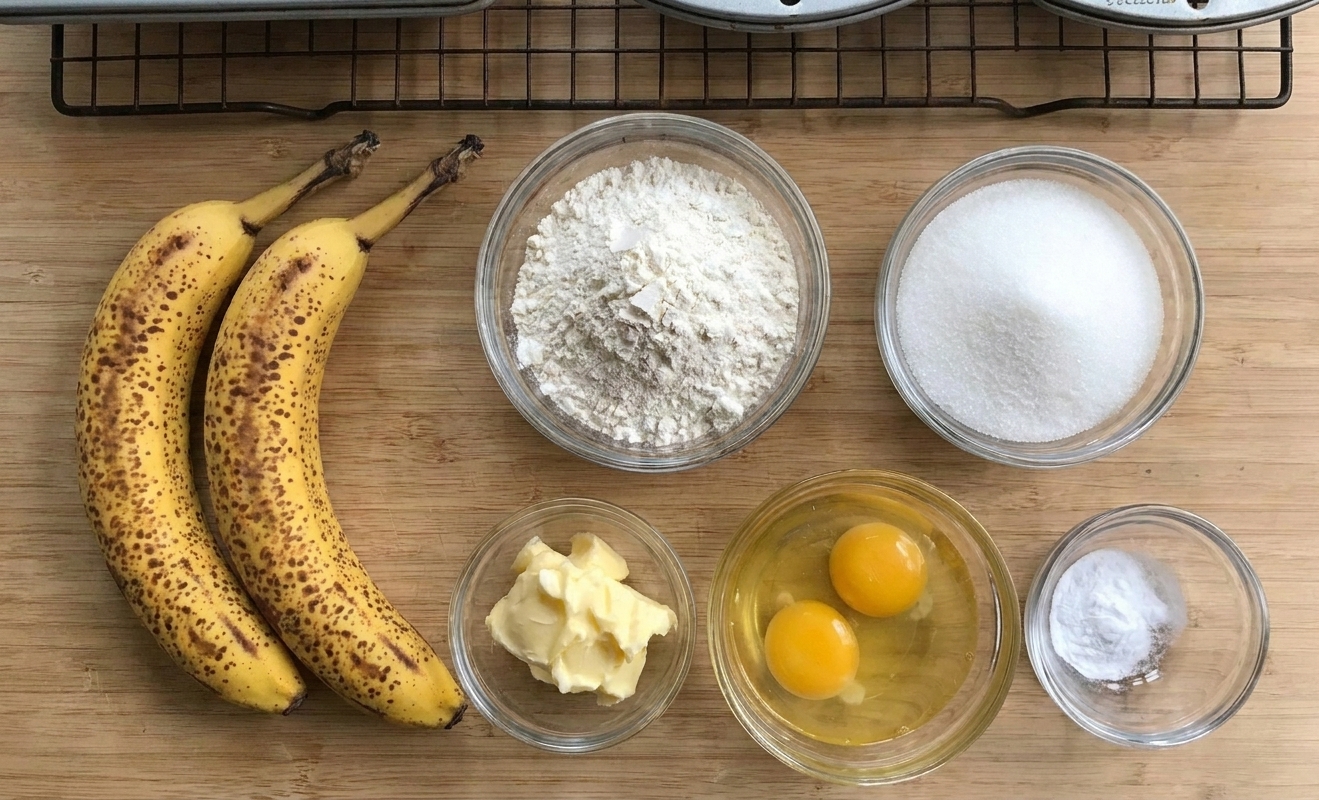 Two very ripe bananas on a kitchen counter next to flour, sugar, butter, eggs, and baking soda ready for banana loaf prep