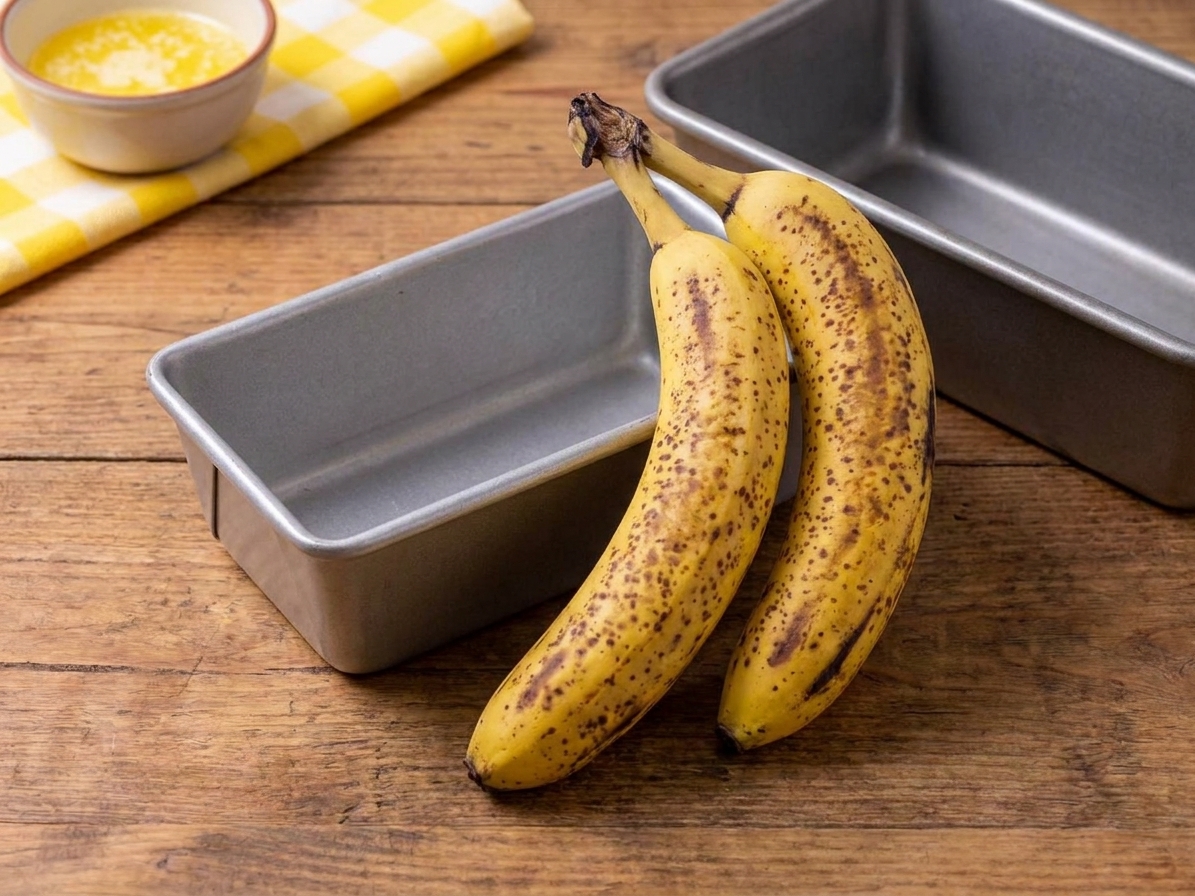 Two very ripe bananas with brown speckles resting on a light-colored kitchen counter beside a loaf pan