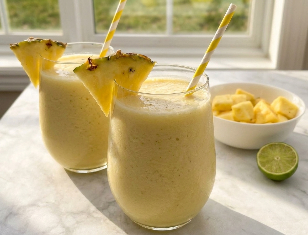 Two virgin pina coladas on a simple kitchen table setting with striped straws, a small bowl of pineapple chunks, and soft natural light