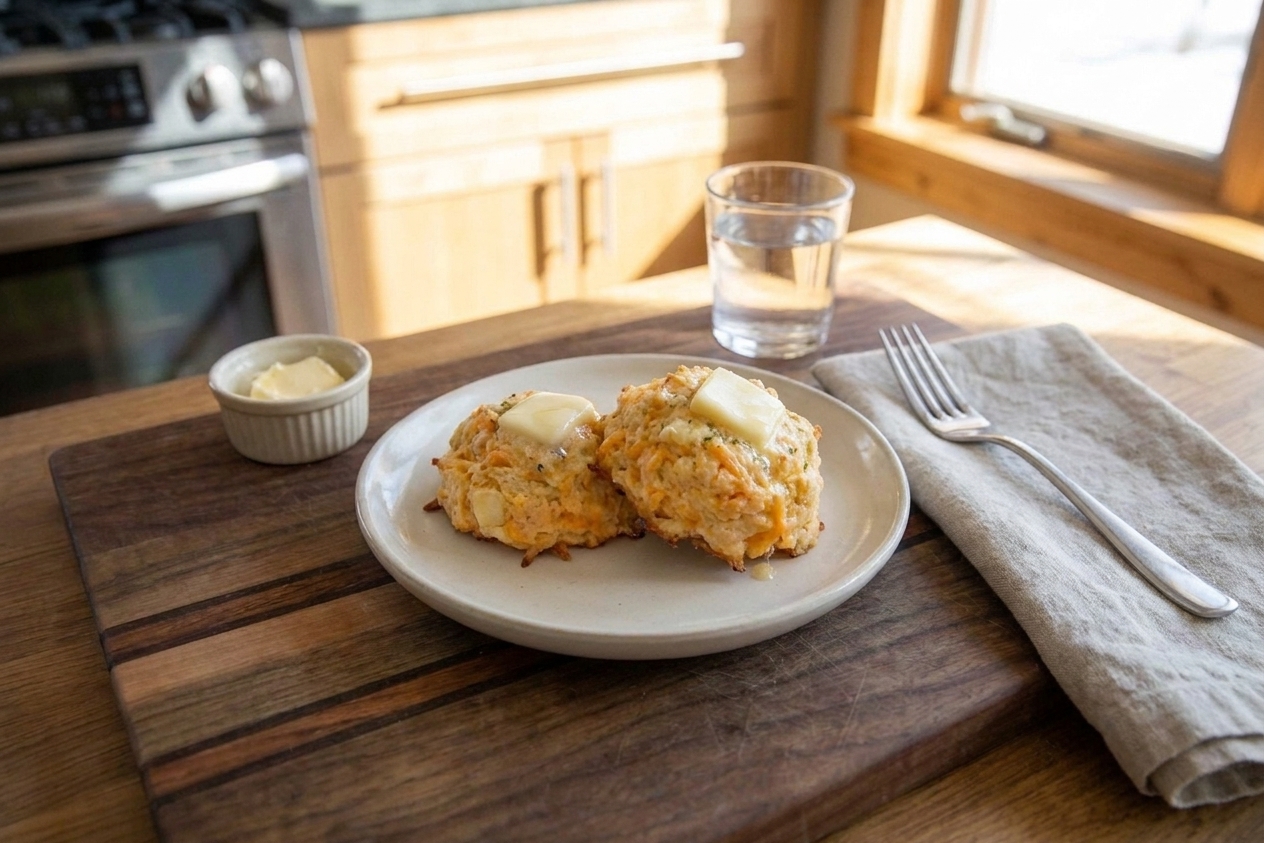 Two warm cheddar garlic biscuits on a small plate with a pat of butter melting on top, set on a wooden table with a simple dinner setting
