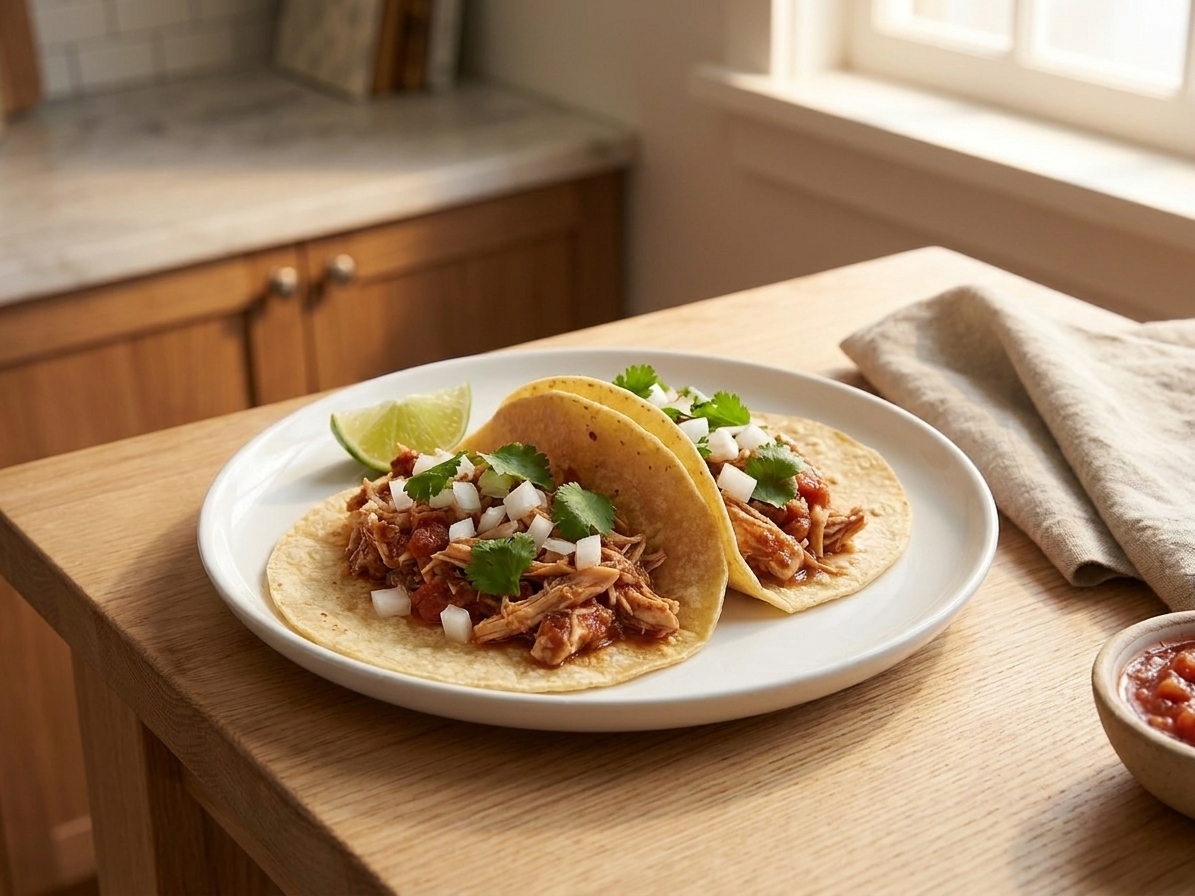 Two warm tortillas filled with shredded salsa chicken, diced onion, cilantro, and a lime wedge on a simple plate at a kitchen table setting