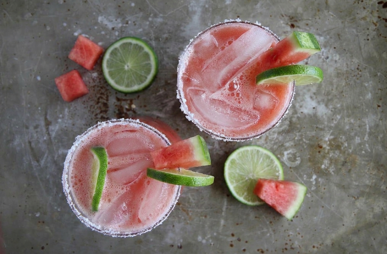 Two watermelon margaritas on the rocks with lime wedges and watermelon slices on a simple table setting