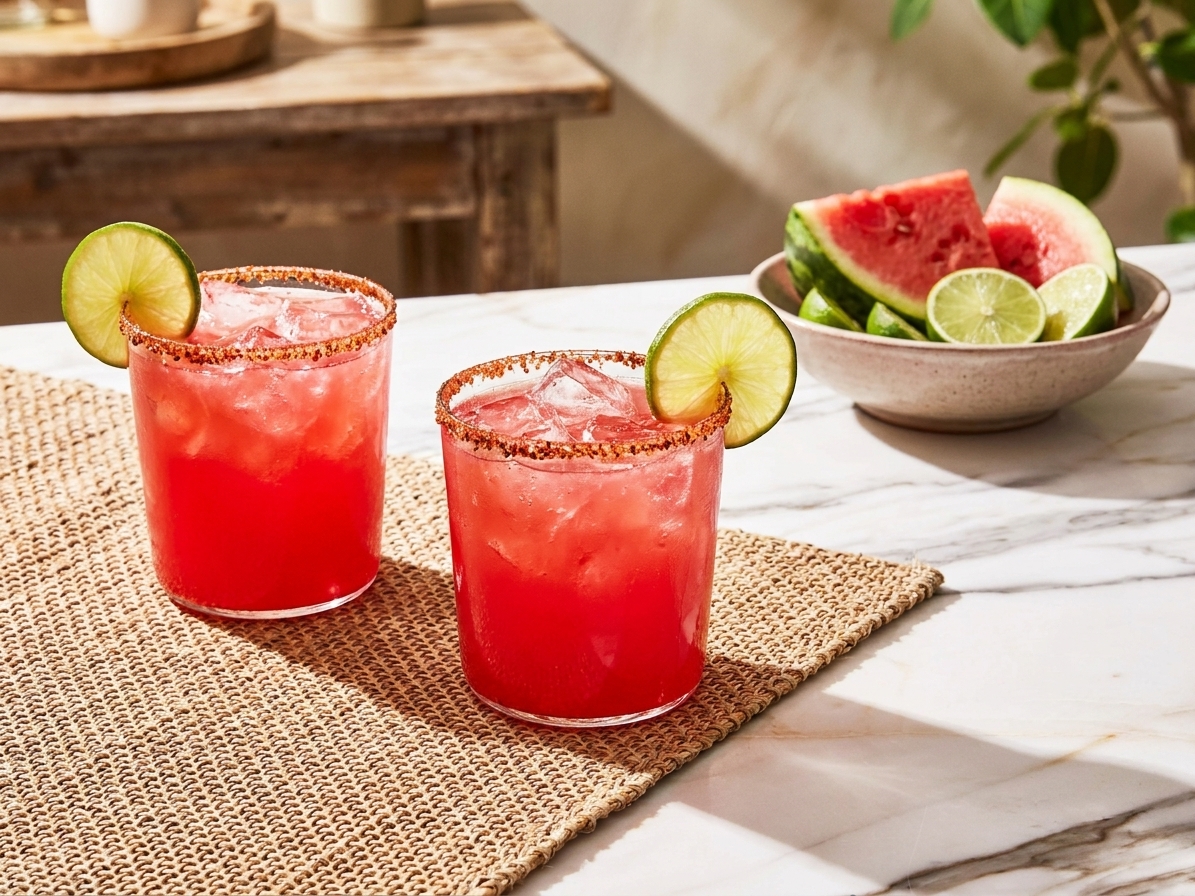 Two watermelon margaritas with salted rims on a simple summer table setting with a small bowl of watermelon slices and lime wedges in the background