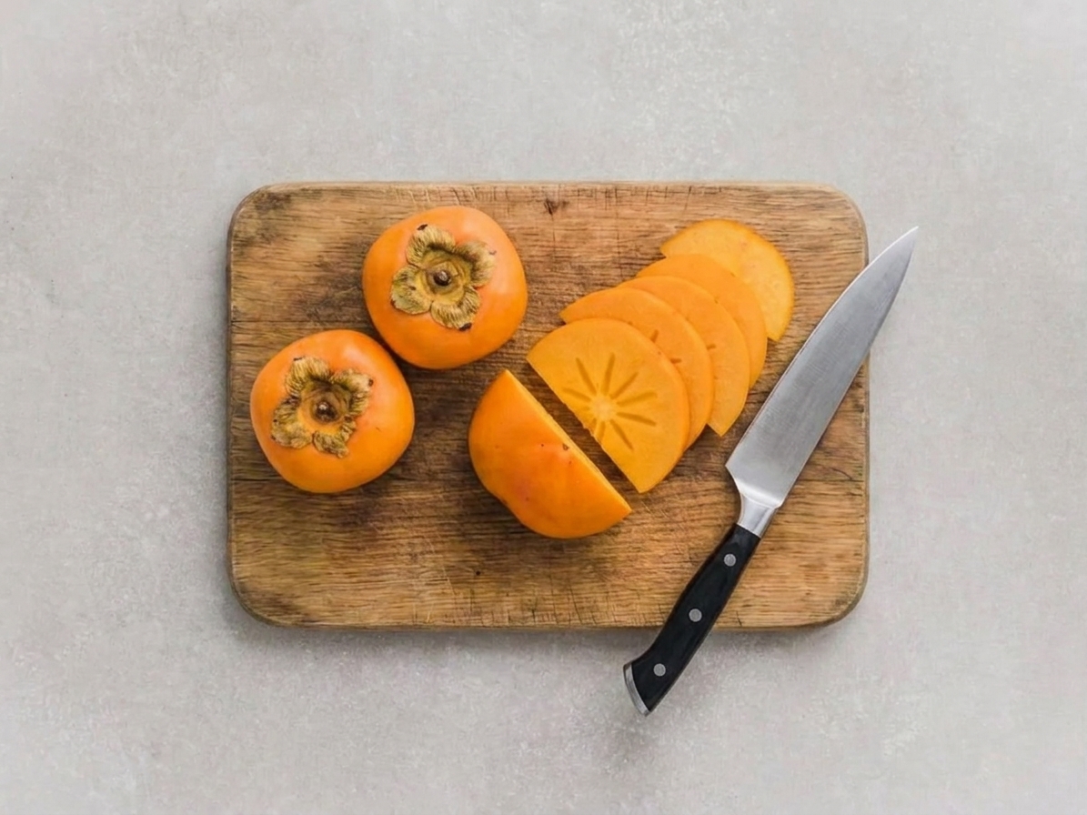 Two whole Fuyu persimmons and one sliced into thin wedges on a wooden cutting board next to a chef's knife