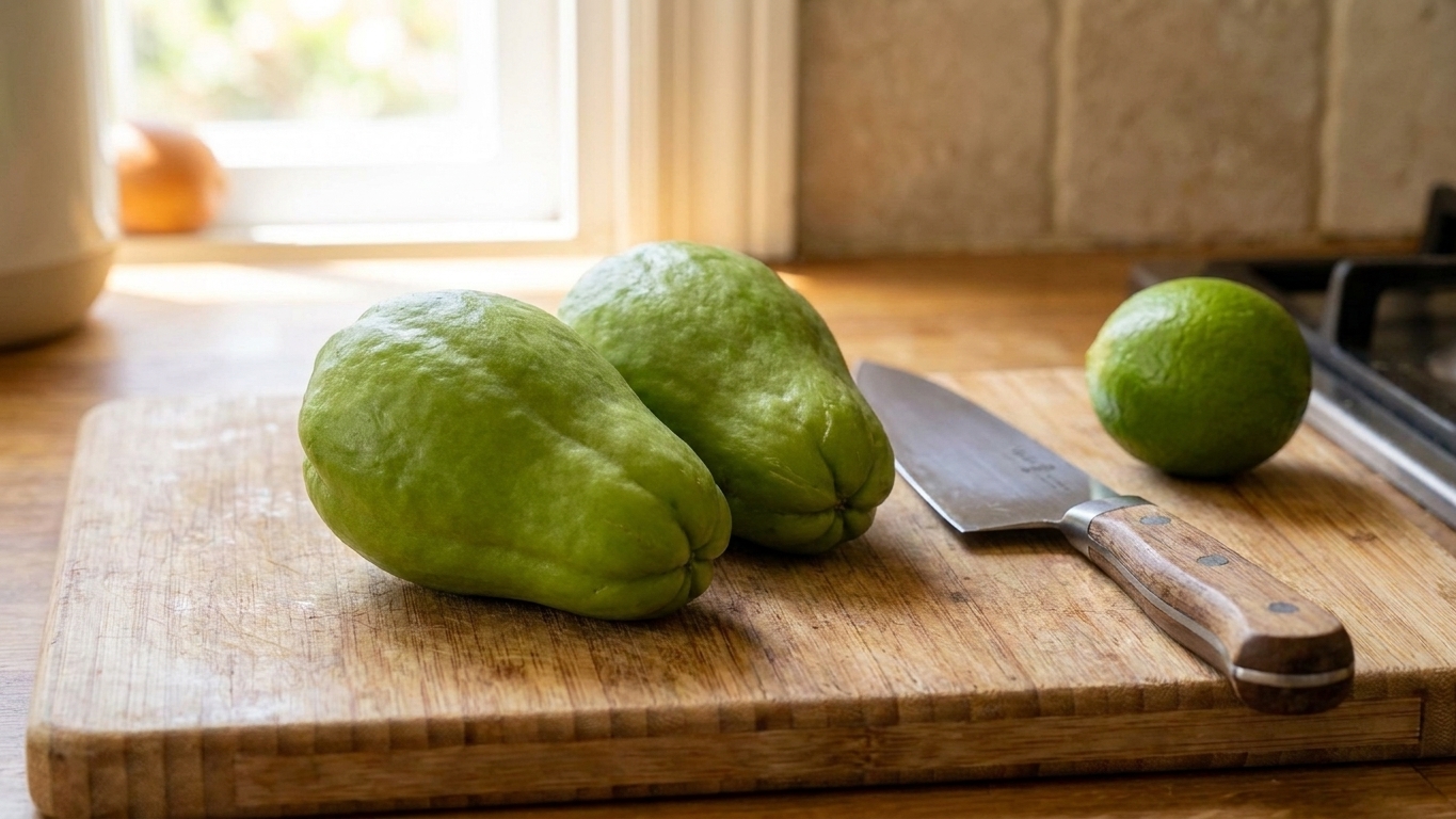 Two whole green chayote (guisquil) on a wooden cutting board with a chef's knife and a lime, on a bright kitchen counter