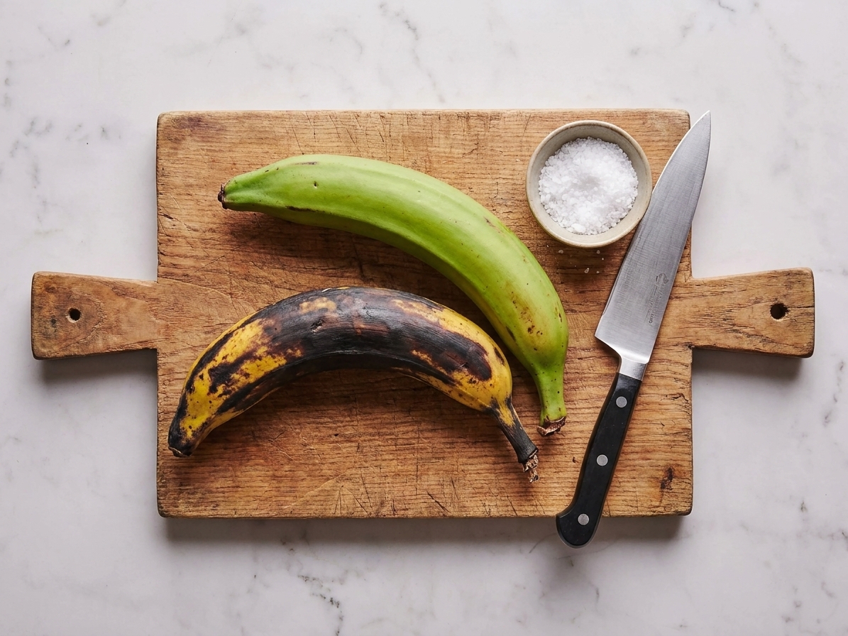 Two whole plantains, one green and one very ripe with blackened peel, resting on a wooden cutting board on a kitchen counter