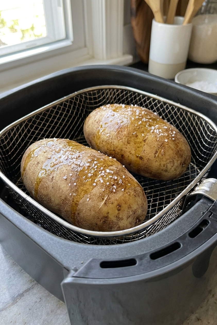 Two whole russet potatoes in an air fryer basket, lightly oiled and heavily salted, ready to cook