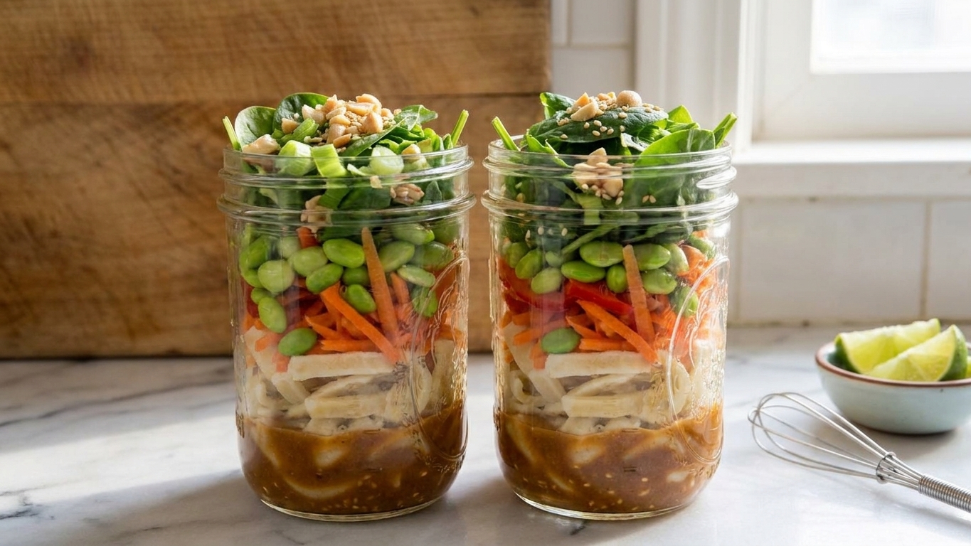 Two wide-mouth mason jars on a bright kitchen counter showing clear layers of dressing, crunchy vegetables, noodles, and leafy greens