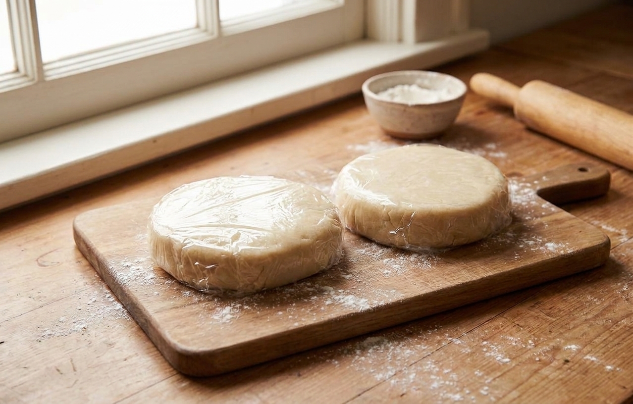 Two wrapped discs of pie dough resting on a cutting board in a bright kitchen setting