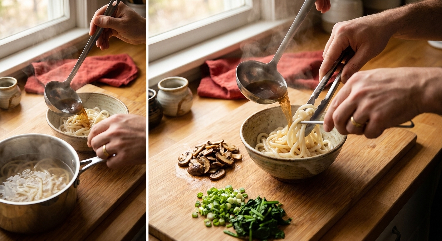 Udon noodles being portioned into bowls and topped with hot broth, mushrooms, and greens on a kitchen counter