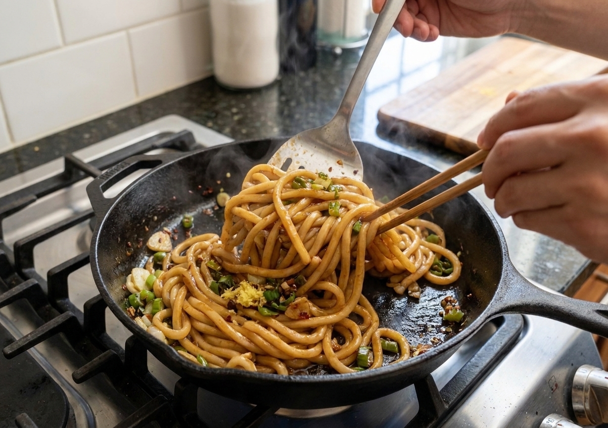 Udon noodles being tossed with vegetables in a large skillet as a glossy sauce coats the noodles on a home stove