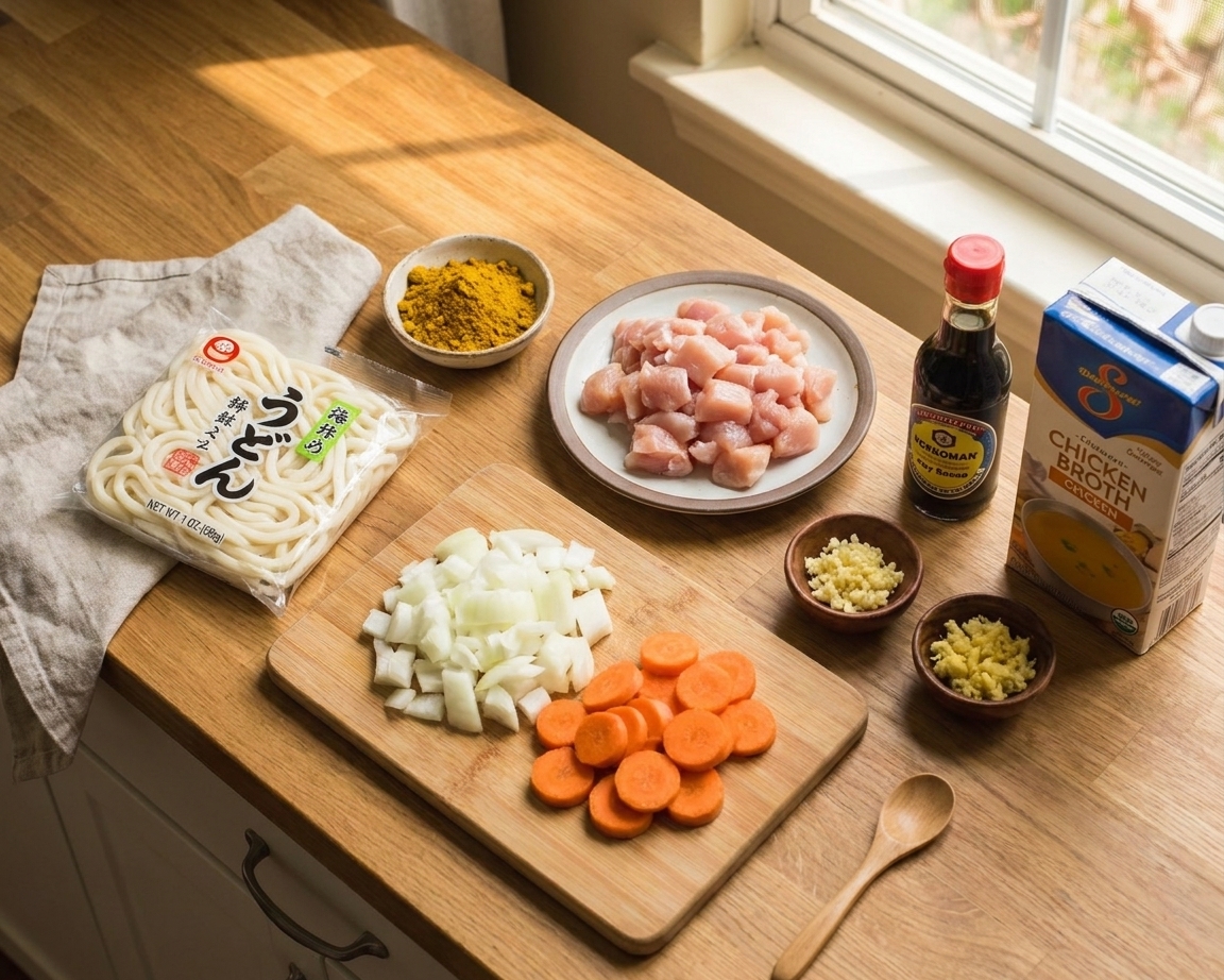 Udon noodles, curry powder, chicken, onion, carrots, garlic, ginger, soy sauce, and broth arranged on a clean kitchen counter under warm light