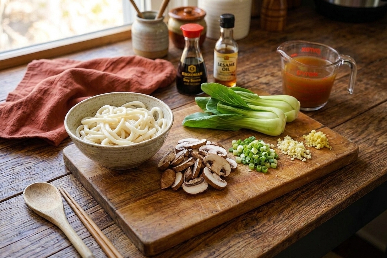 Udon noodles, mushrooms, bok choy, scallions, garlic, ginger, soy sauce, sesame oil, and broth arranged on a clean kitchen counter in consistent warm lighting