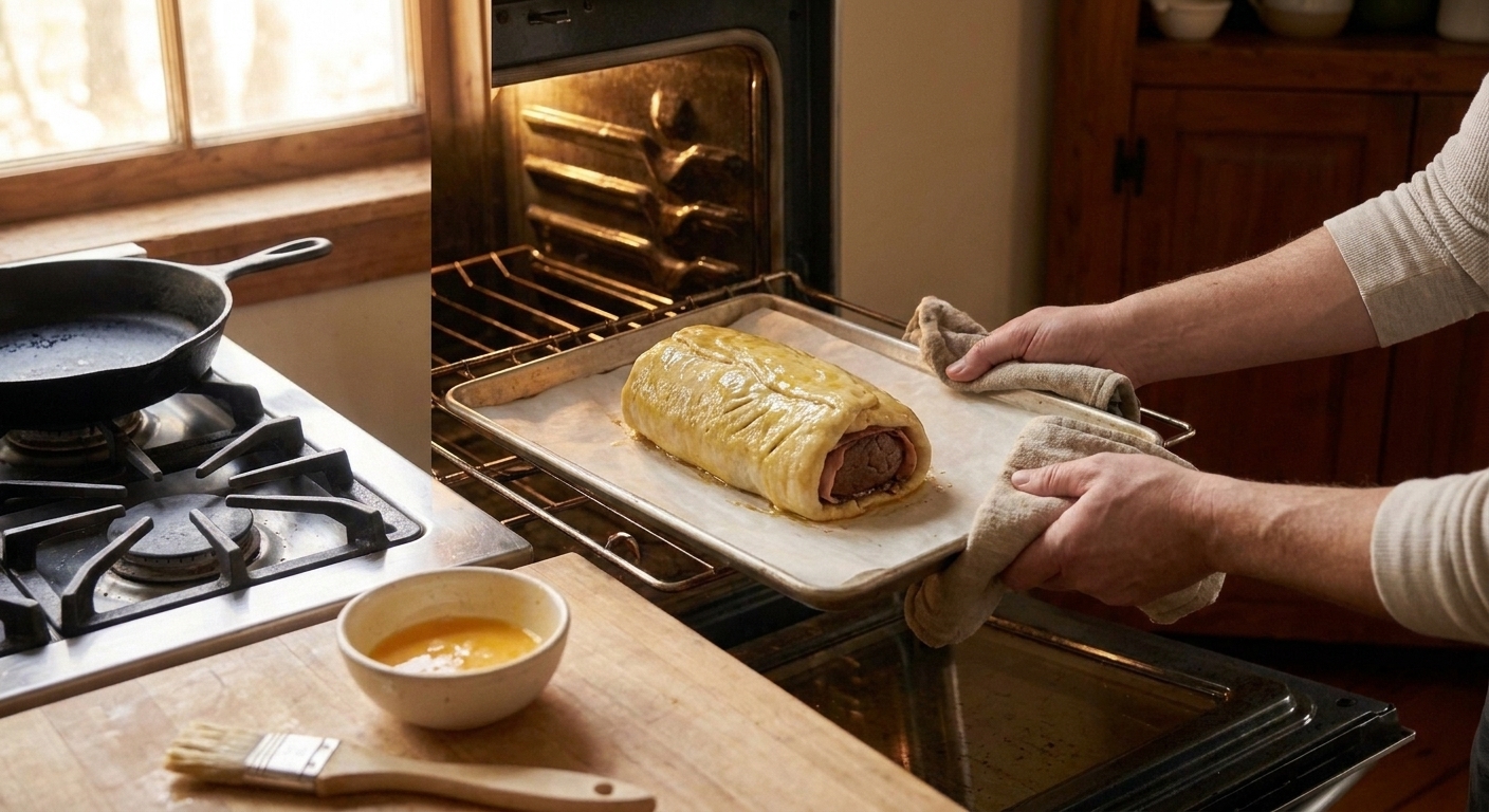 Unbaked Beef Wellington on a parchment-lined baking sheet being placed into a home oven, golden egg-washed pastry visible under warm light