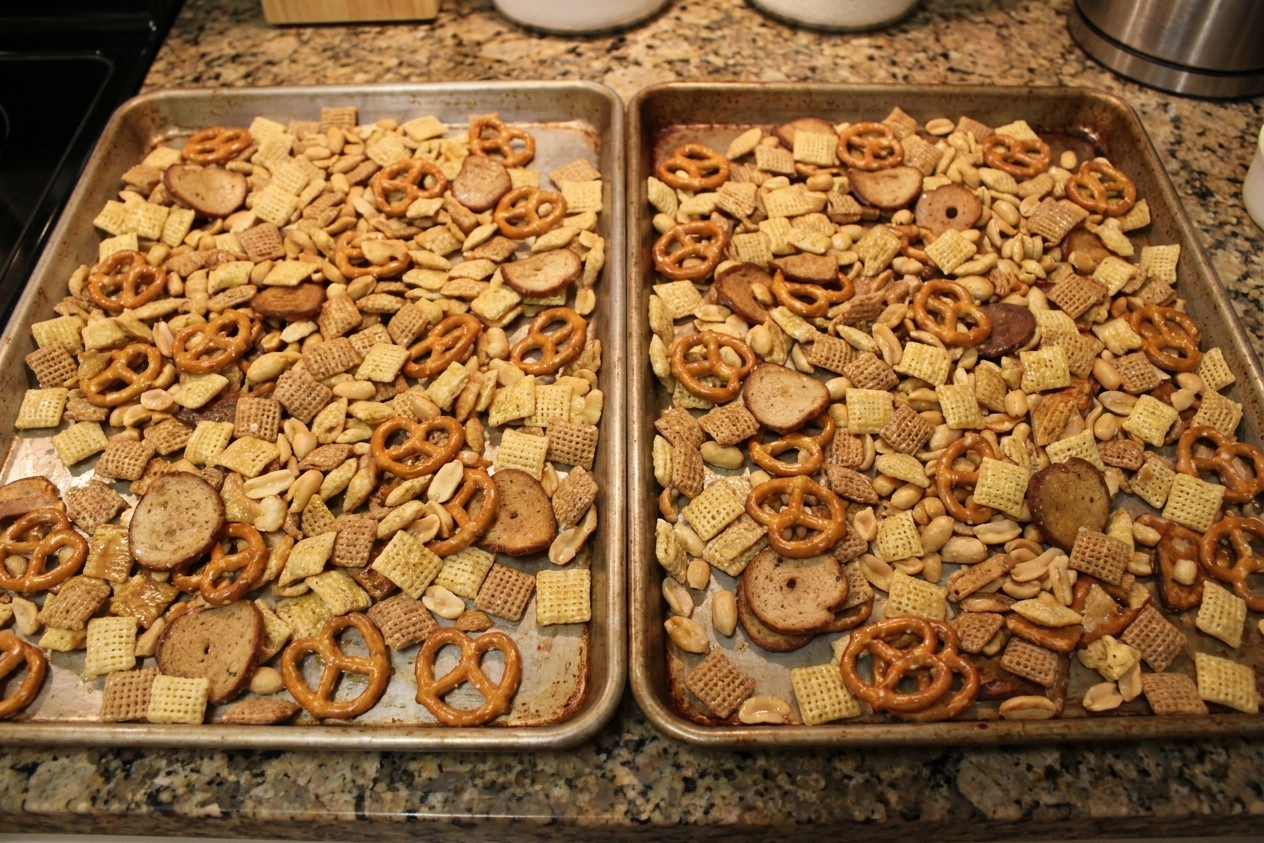 Unbaked Chex Mix spread in an even layer across two rimmed baking sheets before going into the oven