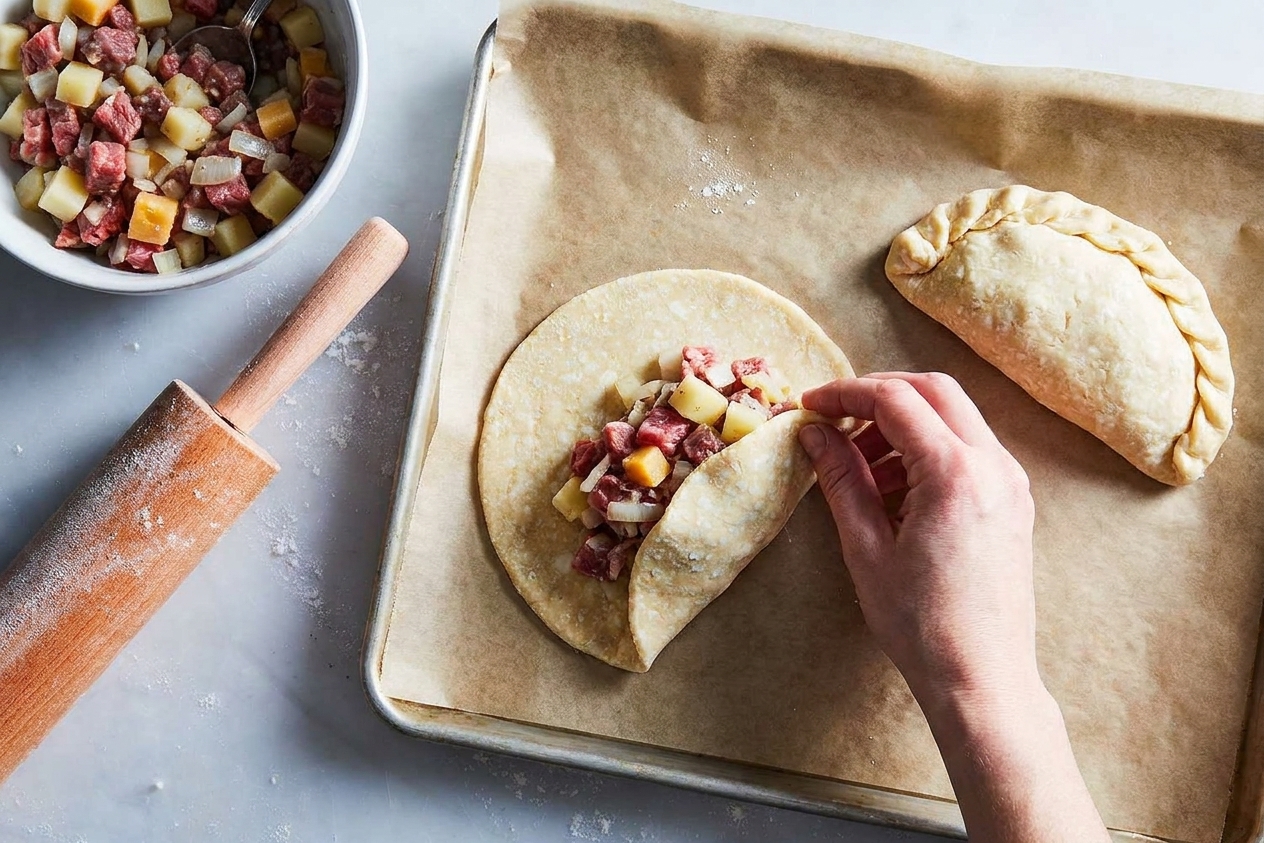 Unbaked Cornish pasty being filled and folded on a parchment lined baking sheet with a bowl of filling nearby