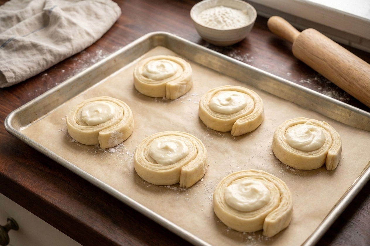 Unbaked Danish pastries shaped into pinwheels on a parchment-lined baking sheet with cream cheese filling in the center