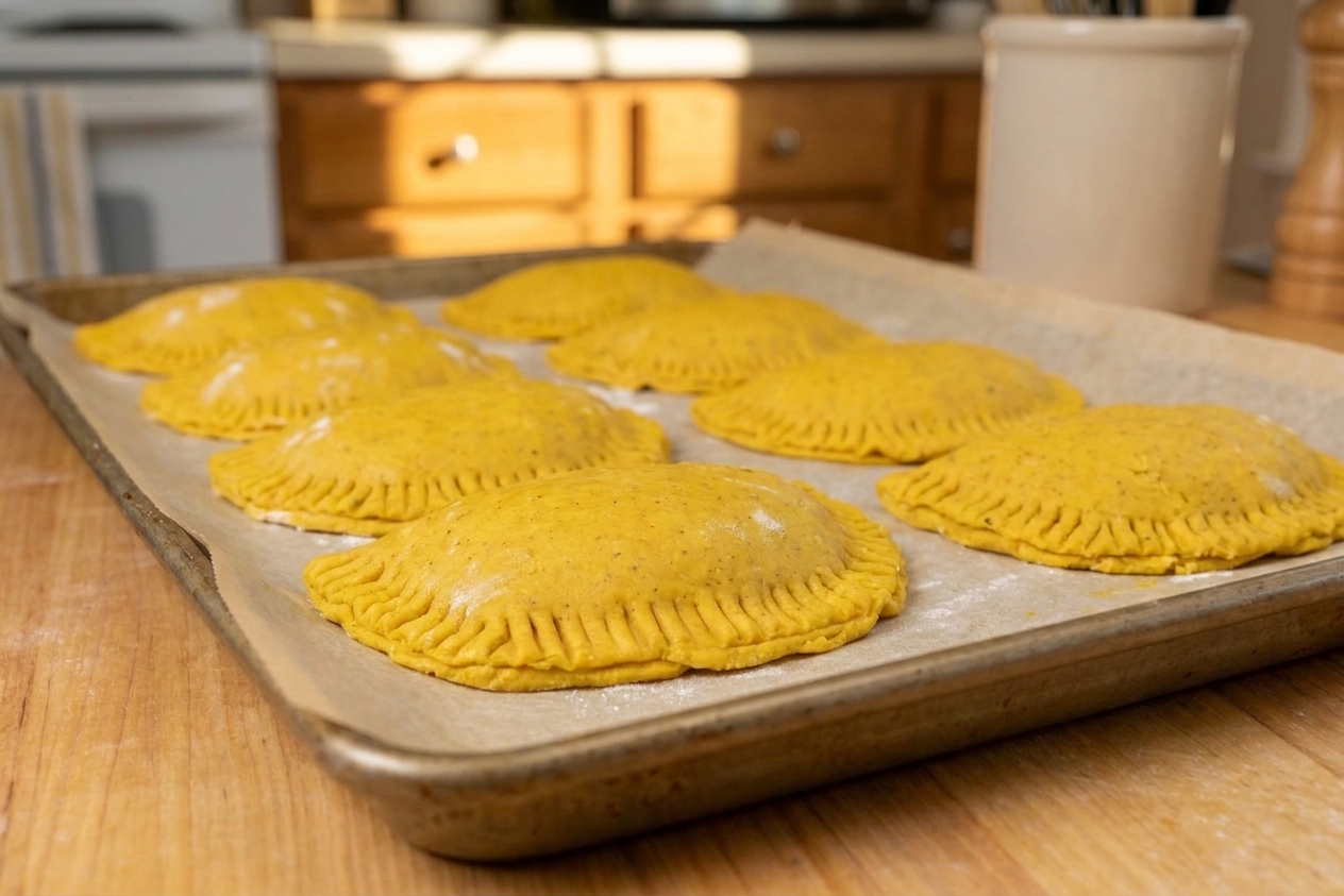 Unbaked Jamaican patties arranged on a parchment-lined baking sheet, crimped edges visible and ready for the oven