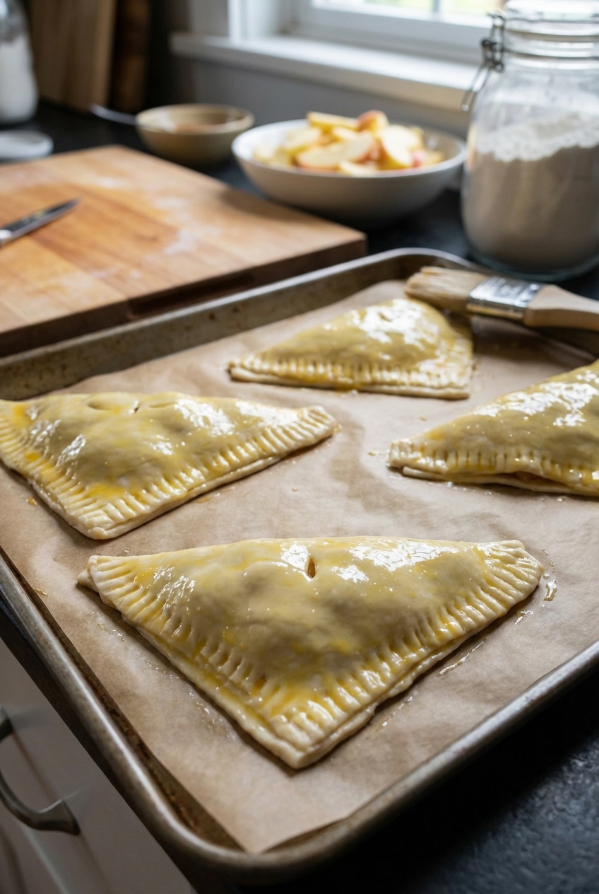 Unbaked apple turnovers on a parchment-lined sheet pan with egg wash brushed on top