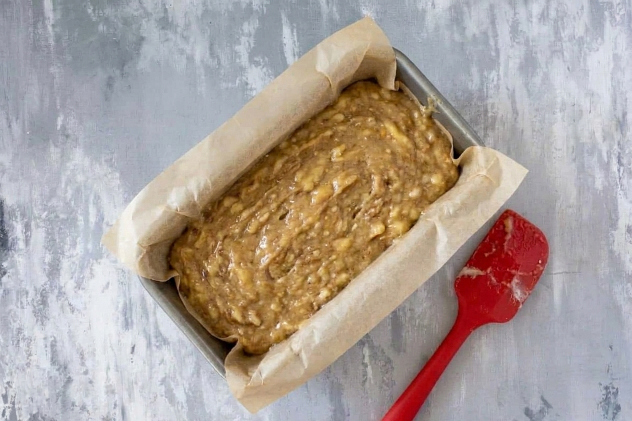 Unbaked banana bread batter in a parchment-lined loaf pan on a kitchen counter