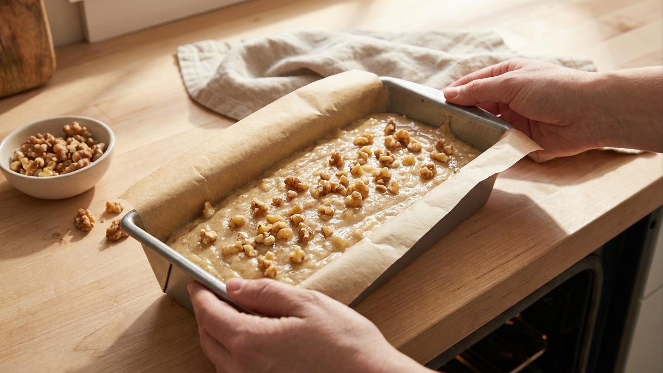 Unbaked banana bread batter in a parchment-lined loaf pan with chopped walnuts sprinkled on top