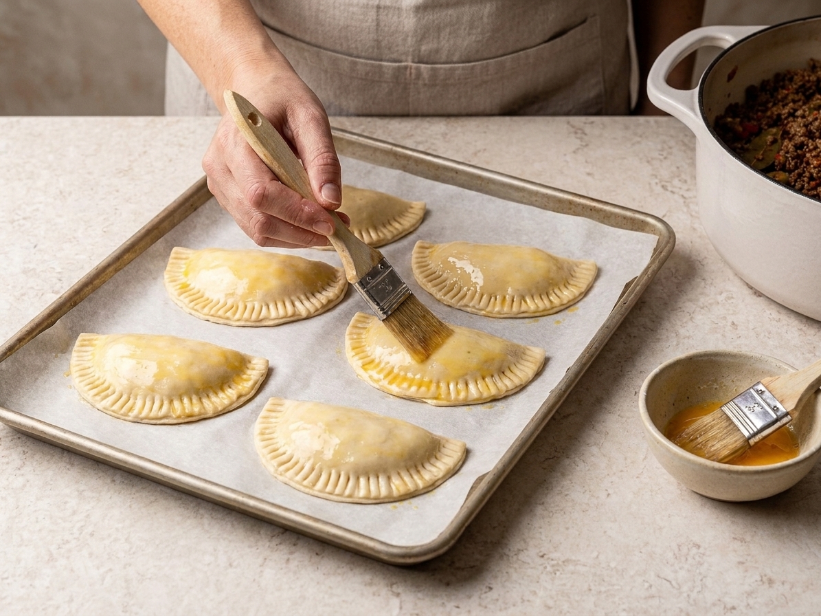 Unbaked beef empanadas on a parchment-lined baking sheet, brushed with egg wash on a kitchen counter