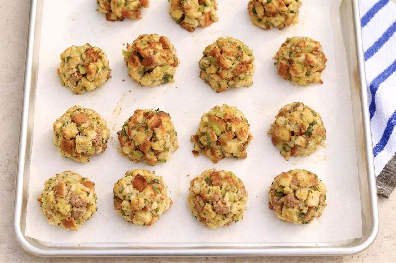 Unbaked breaded dressing balls arranged on a parchment-lined baking sheet, ready for the oven