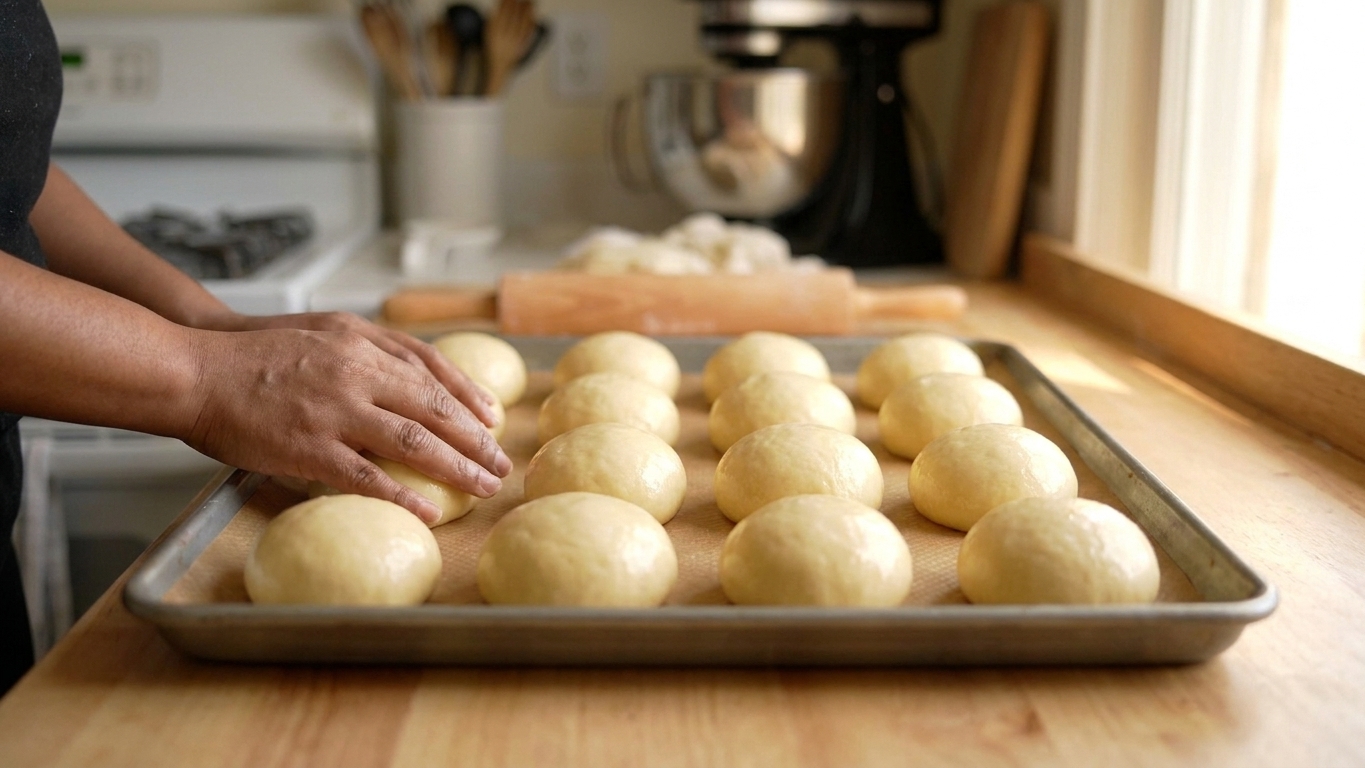 Unbaked brioche bun dough balls proofing on a parchment-lined sheet pan on a kitchen counter