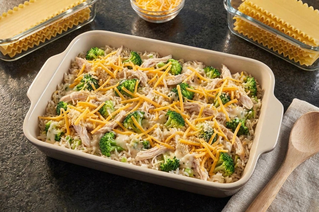Unbaked broccoli rice casserole with chicken spread evenly in a ceramic baking dish on a kitchen counter